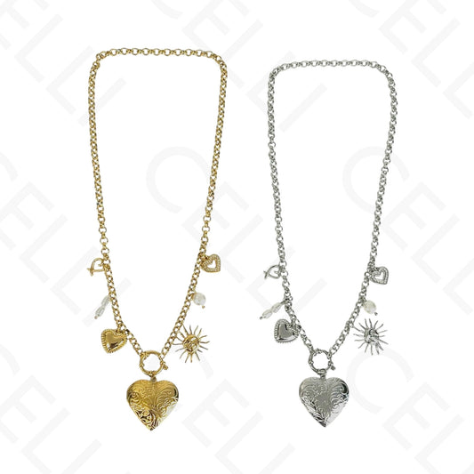 钢制项链 - 多吊坠，心形开合