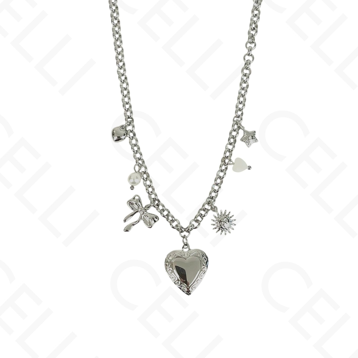 Steel Necklace - Multi Pendants, Open Heart