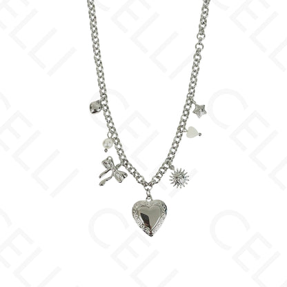 Steel Necklace - Multi Pendants, Open Heart