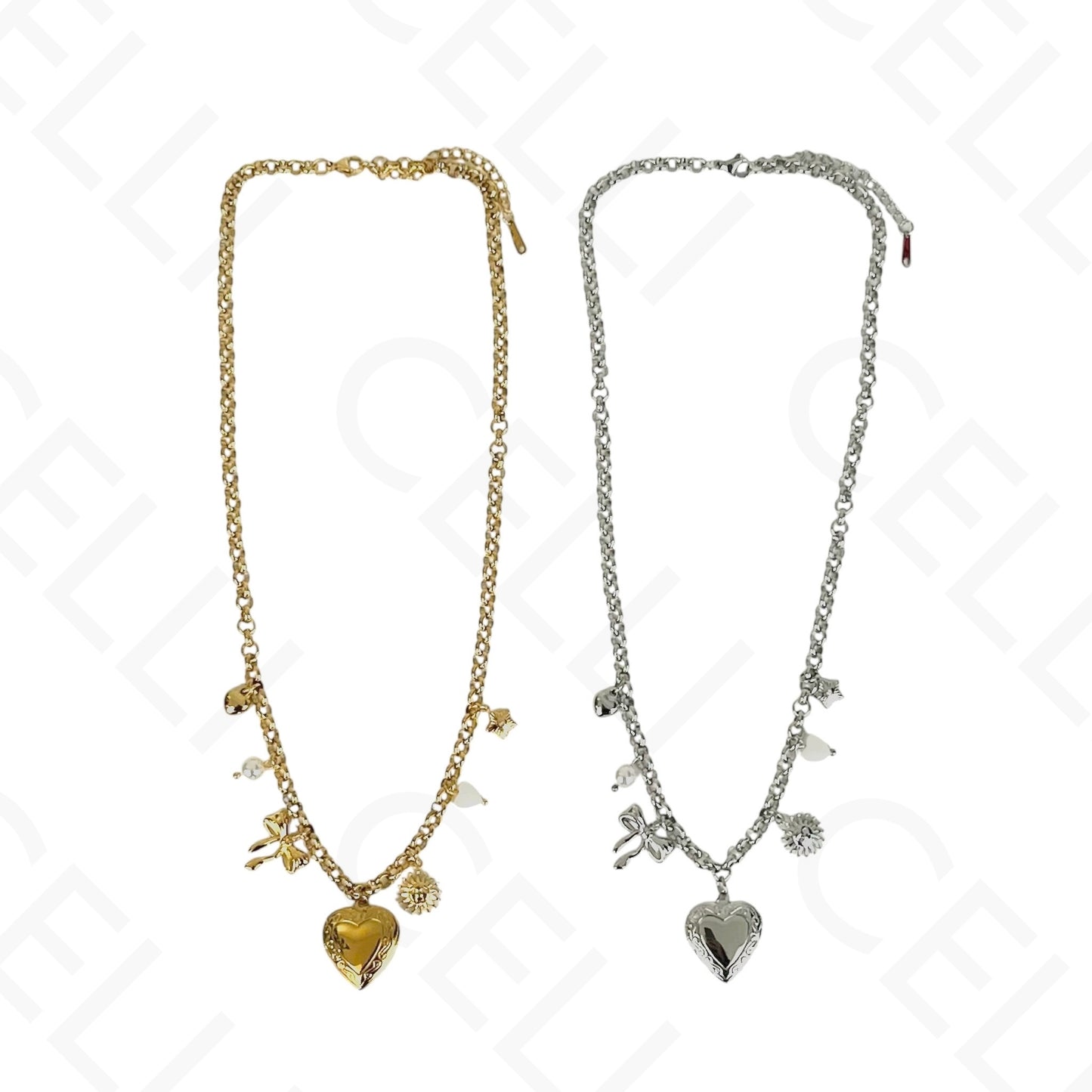 Steel Necklace - Multi Pendants, Open Heart