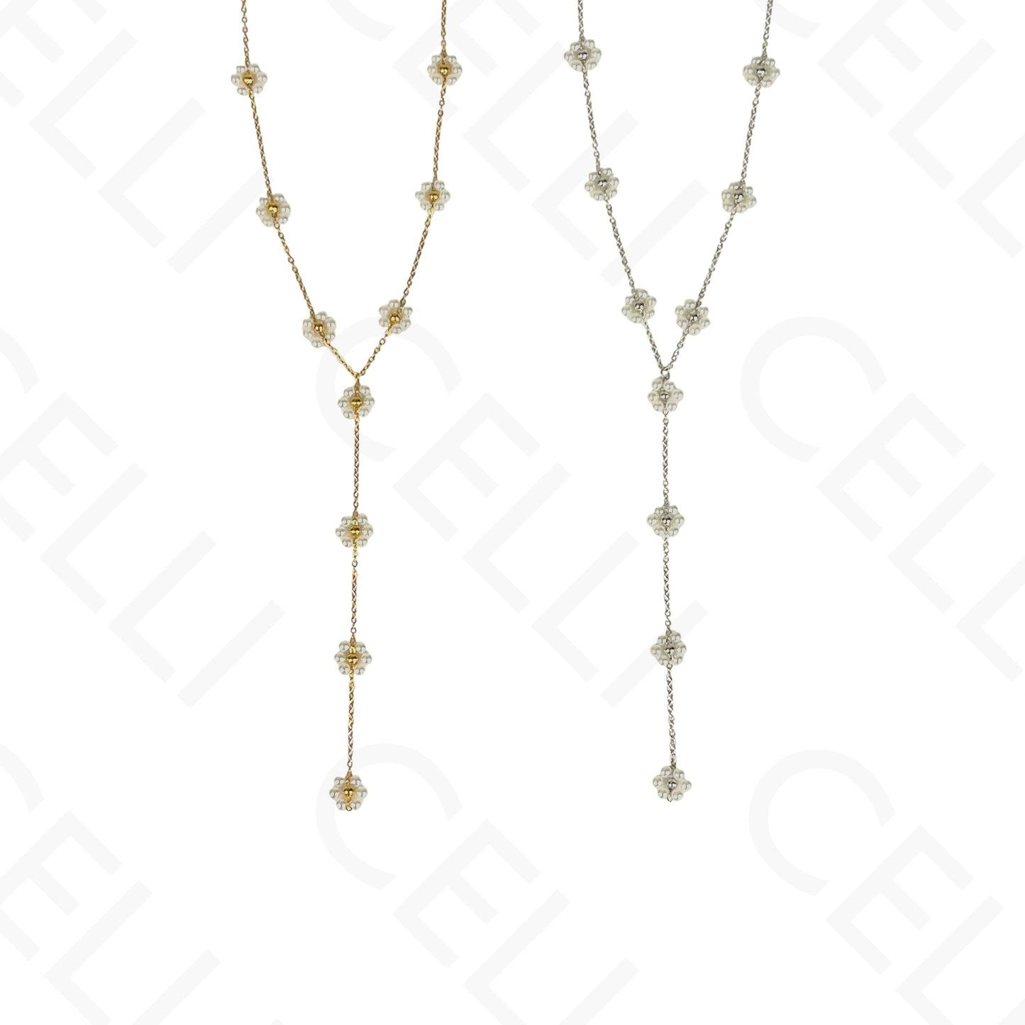 Colar de aço - Formato Y flor pérolas