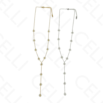 Colar de aço - Formato Y flor pérolas