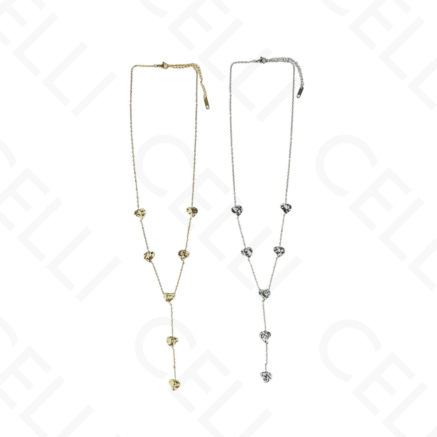 Steel Necklace - Y-shaped Hammered Hearts