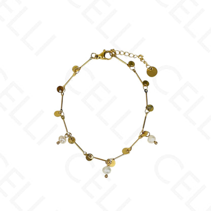 Colar/Pulseira de aço - discos de aço com pérolas