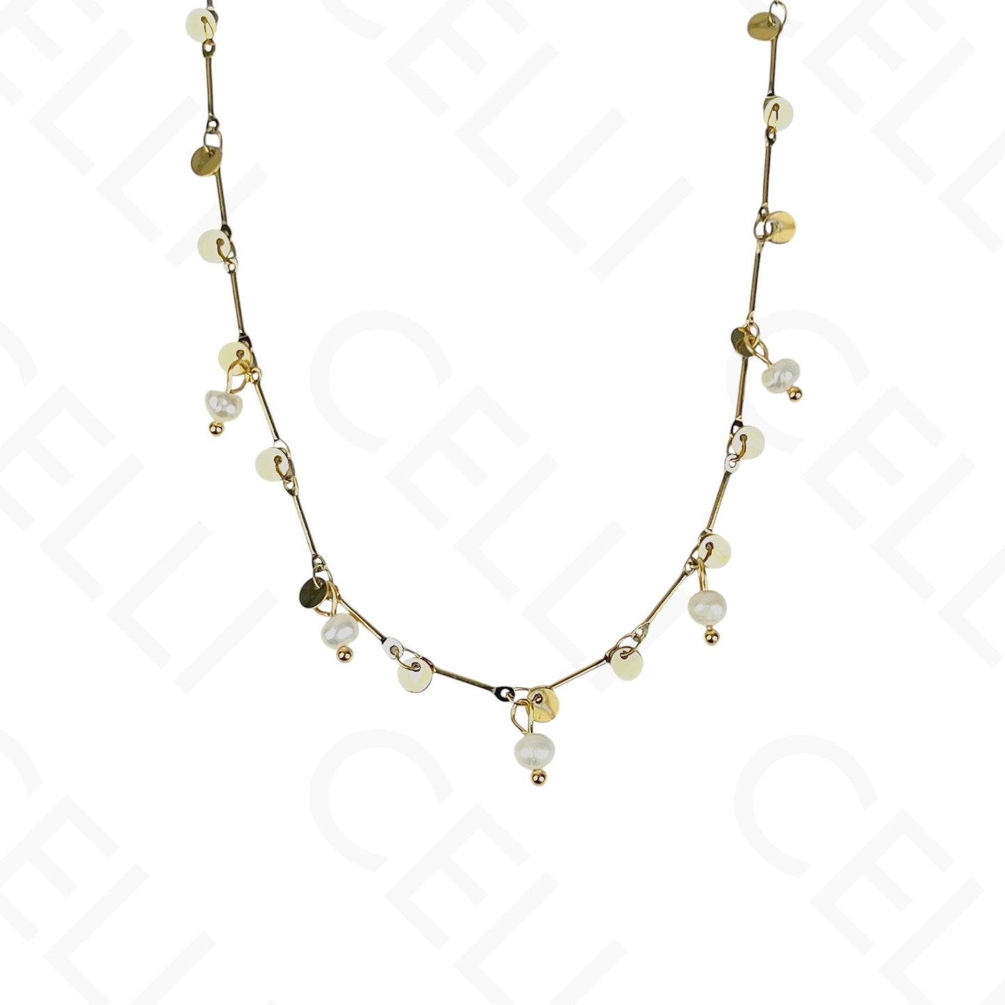 Colar/Pulseira de aço - discos de aço com pérolas