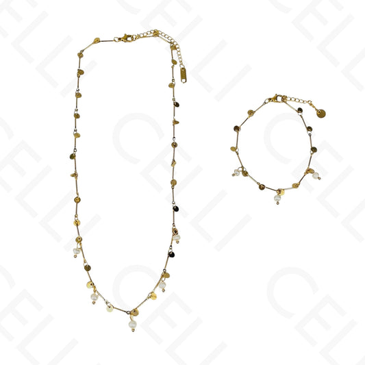 Collar/Pulsera de acero - discos de acero con perlas