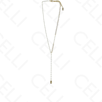 Colar de aço - Formato Y malha redonda e pérolas