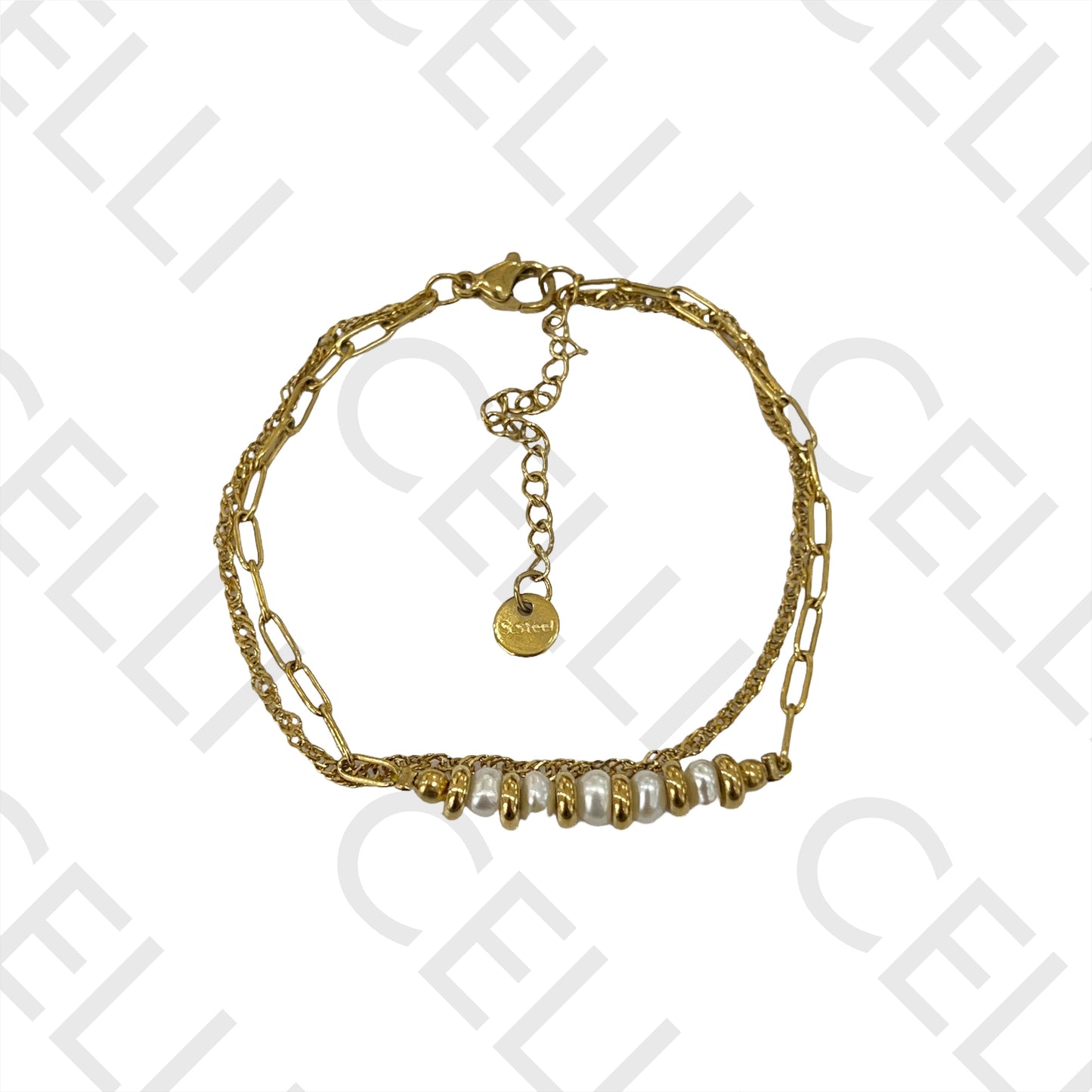 不锈钢手链 - 双层带淡水珍珠