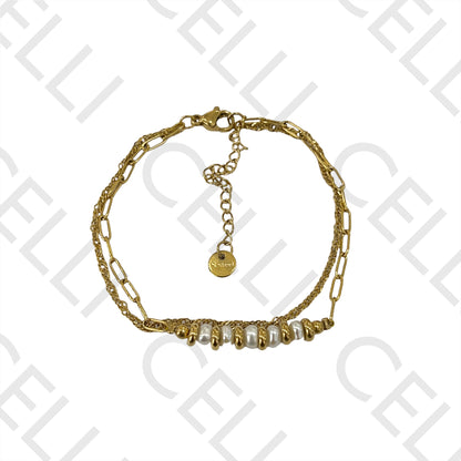 不锈钢手链 - 双层带淡水珍珠