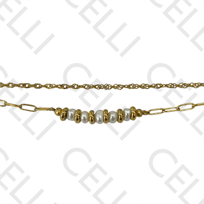 不锈钢手链 - 双层带淡水珍珠