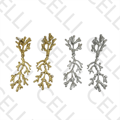 钢制耳环 - 珊瑚细节带珍珠