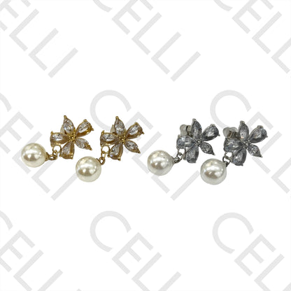 钢制耳环 - 闪耀花朵带珍珠