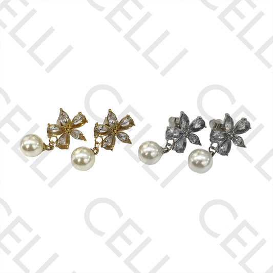 不锈钢耳环 - 闪亮花朵配珍珠