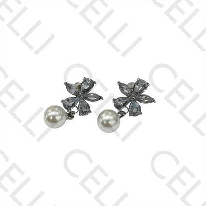 钢制耳环 - 闪耀花朵带珍珠