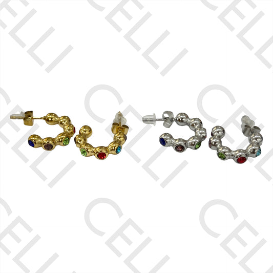 钢制耳环 - 带彩色闪亮装饰的球形