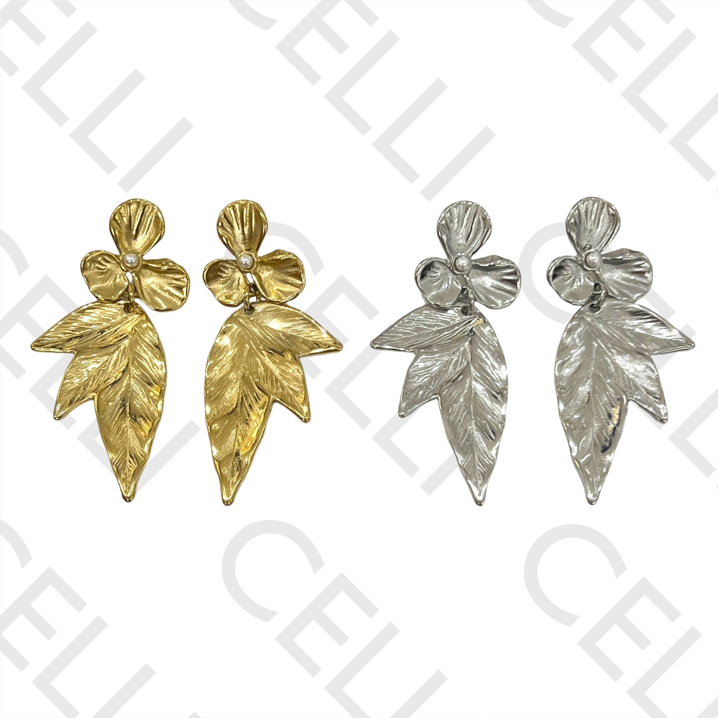 钢制耳环 - 花朵和叶子细节带珍珠