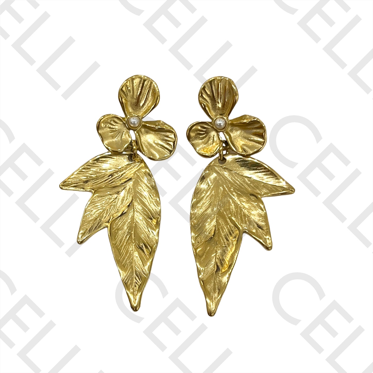 钢制耳环 - 花朵和叶子细节带珍珠