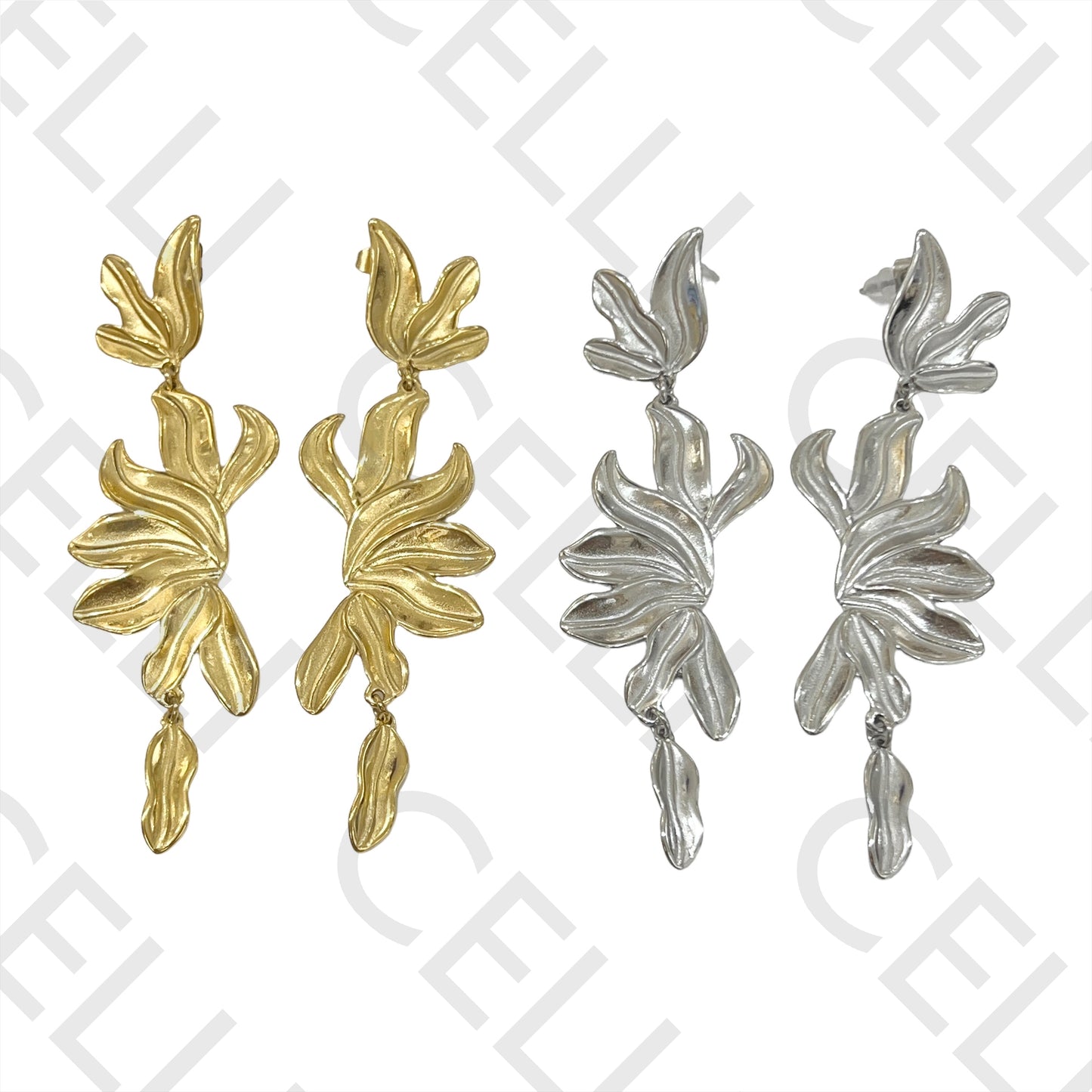 钢制耳环 - 细节花朵和叶子