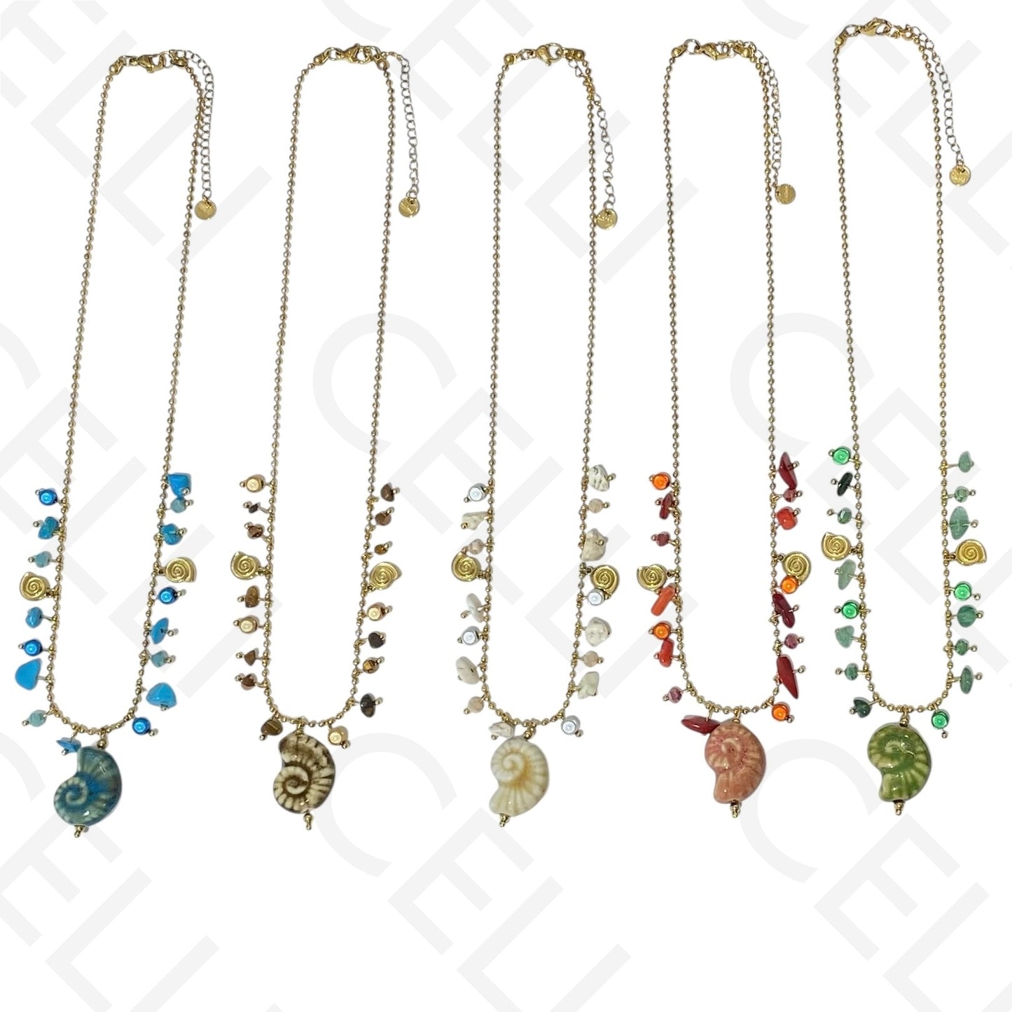 钢制项链 - 彩色石头，彩色螺旋贝壳