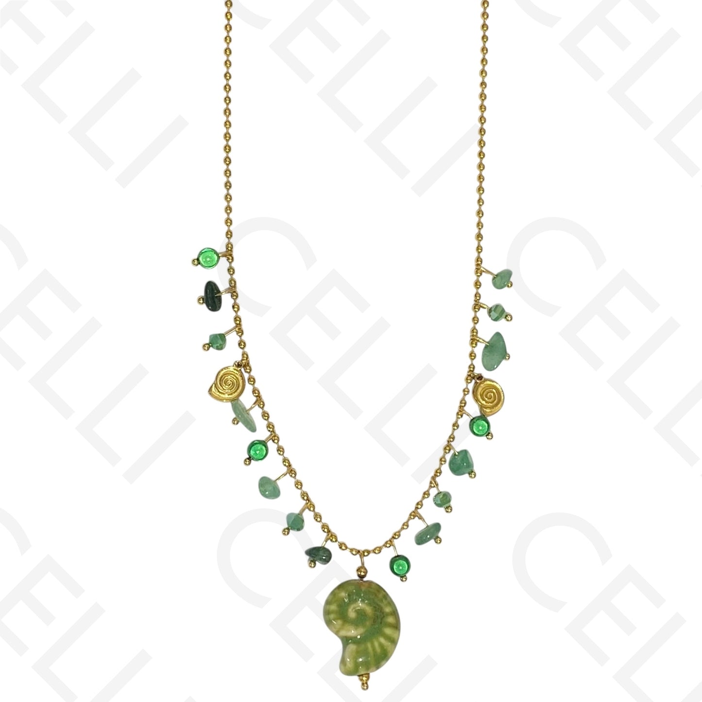 钢制项链 - 彩色石头，彩色螺旋贝壳