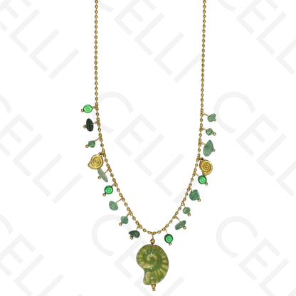 钢制项链 - 彩色石头，彩色螺旋贝壳