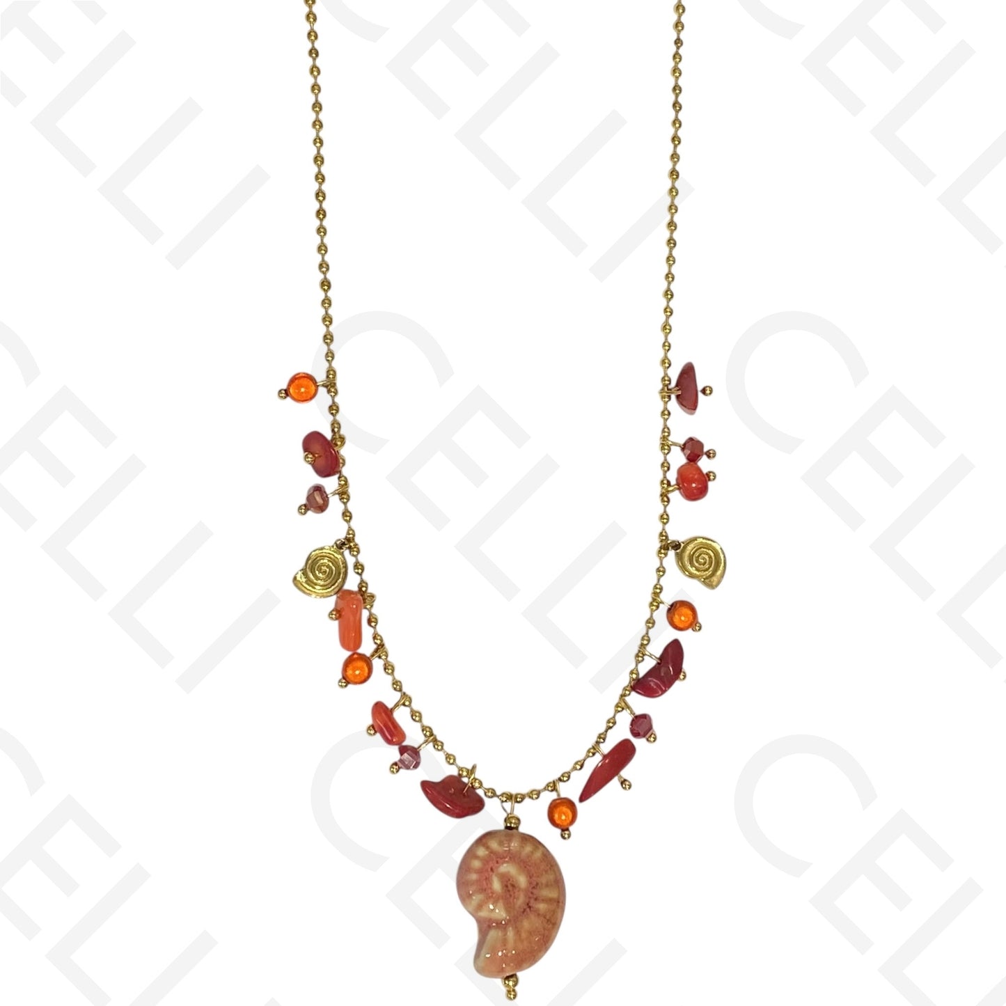 钢制项链 - 彩色石头，彩色螺旋贝壳