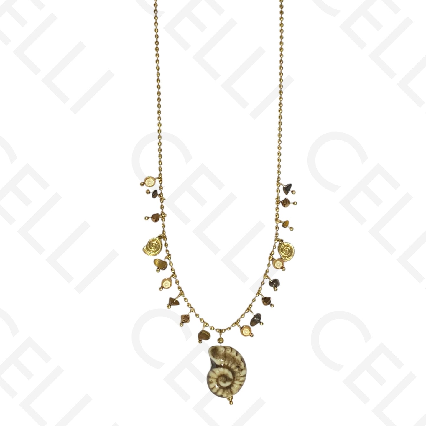 钢制项链 - 彩色石头，彩色螺旋贝壳