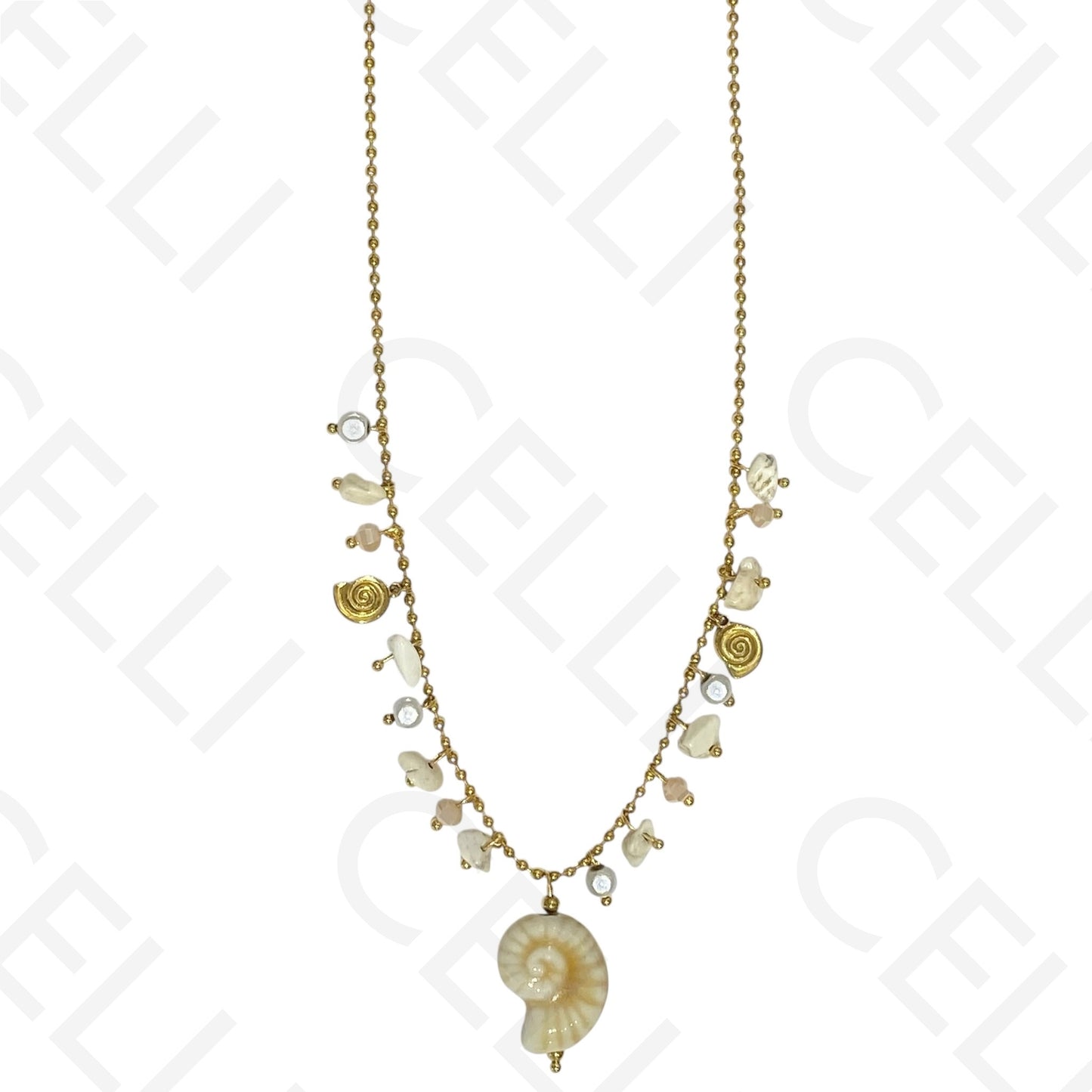 钢制项链 - 彩色石头，彩色螺旋贝壳