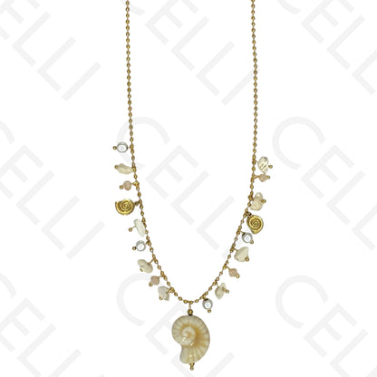 钢制项链 - 彩色石头，彩色螺旋贝壳