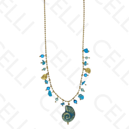 钢制项链 - 彩色石头，彩色螺旋贝壳