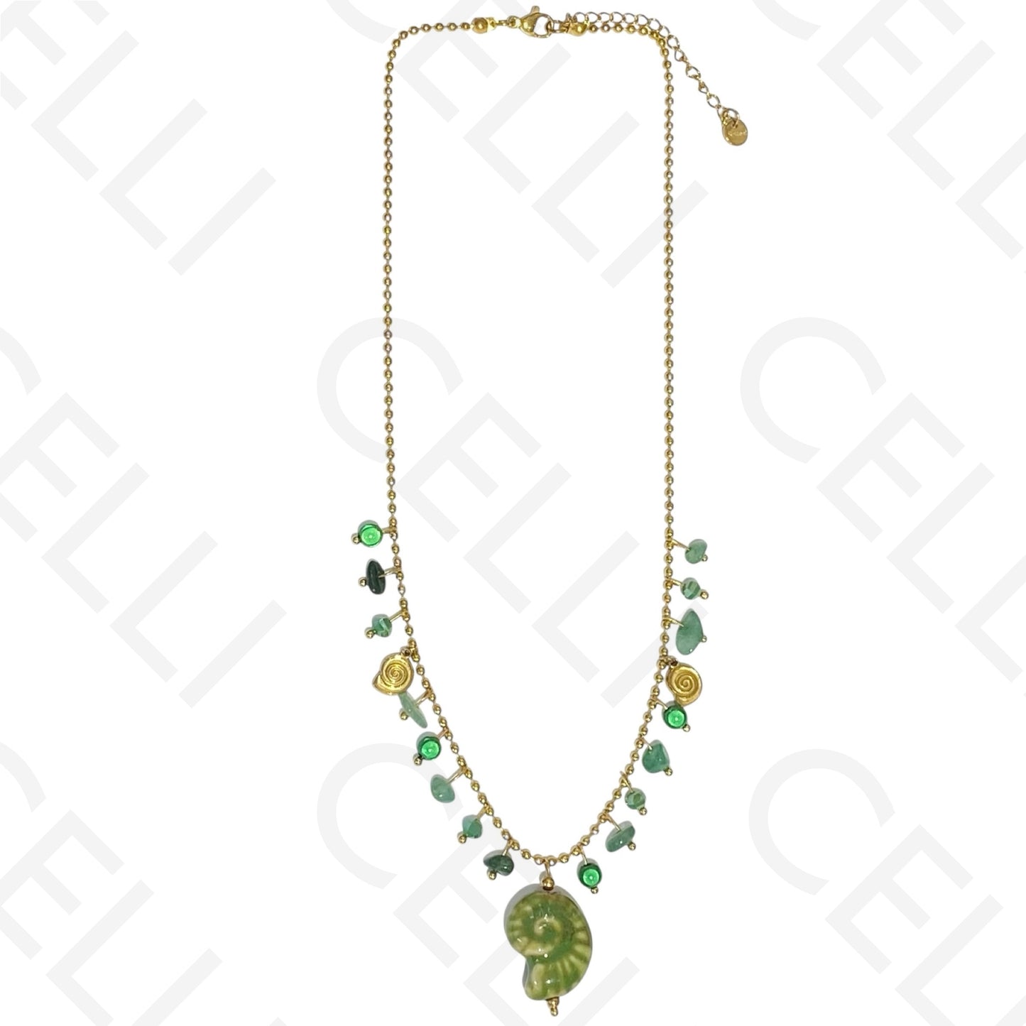 钢制项链 - 彩色石头，彩色螺旋贝壳