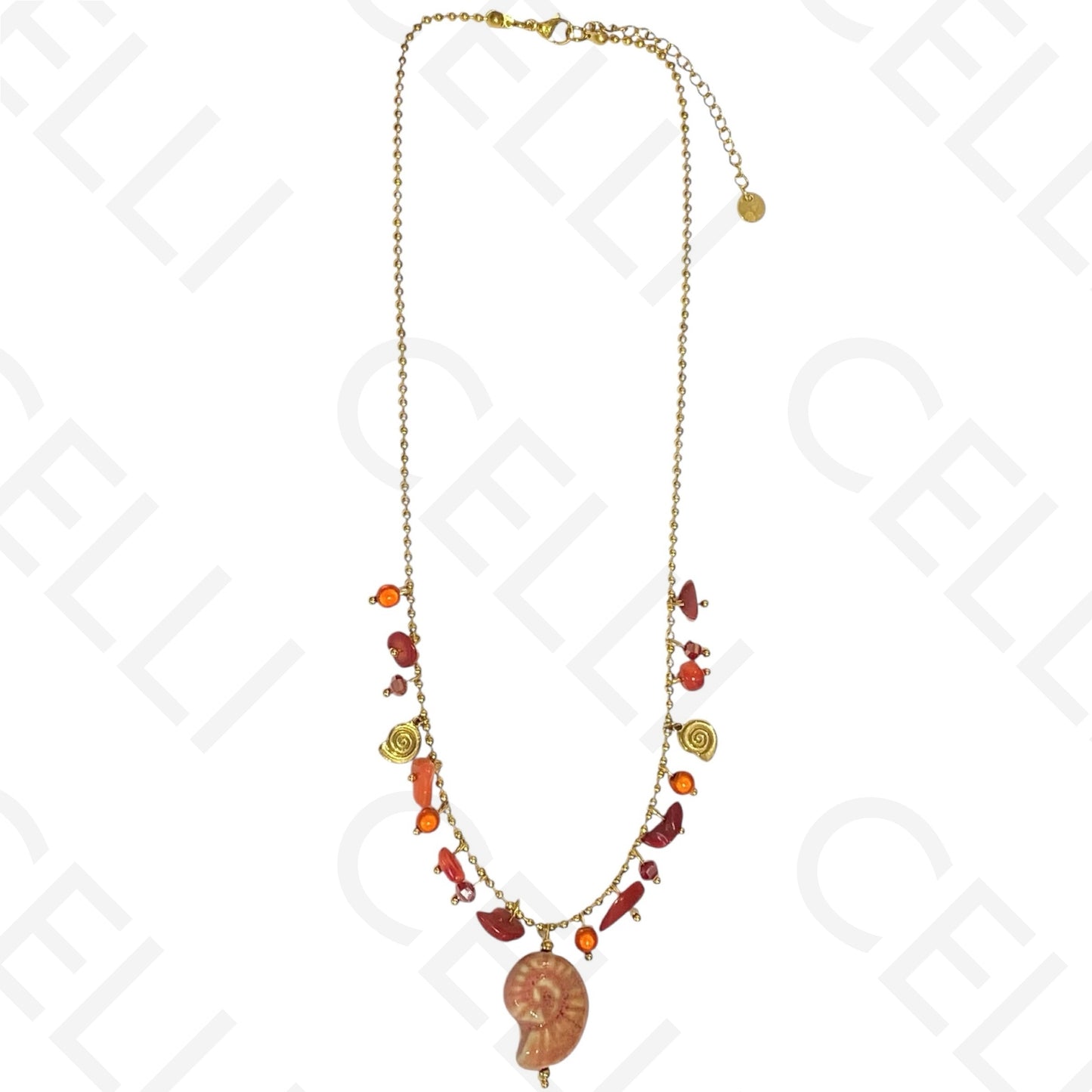 钢制项链 - 彩色石头，彩色螺旋贝壳