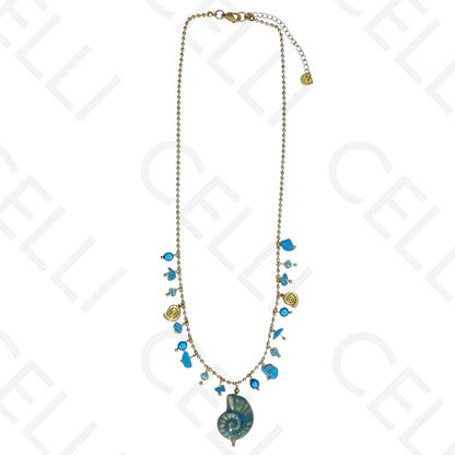 钢制项链 - 彩色石头，彩色螺旋贝壳