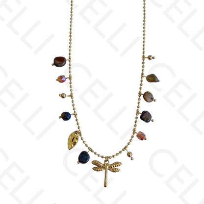 Collar de acero - piedras de colores, libélula