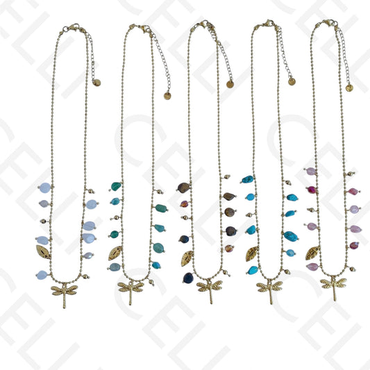 Colar de aço - pedras coloridas, libelinha