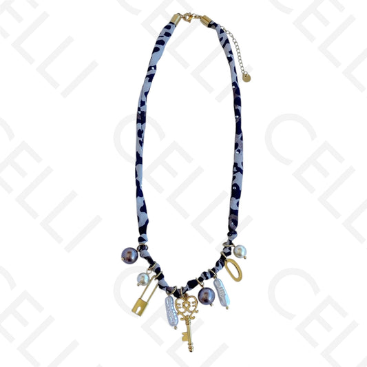 Colar de aço - tecido tigresa, chave e cadeado