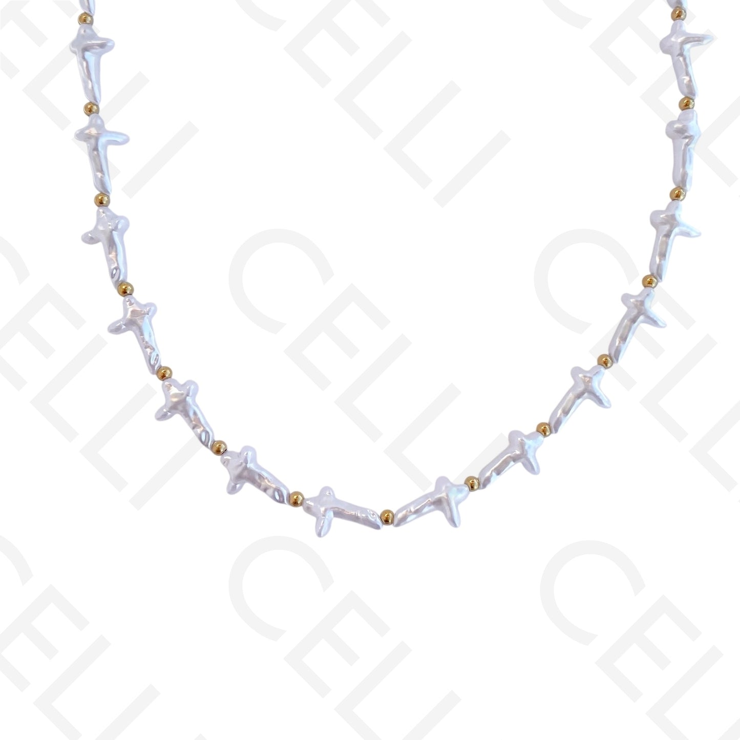 不锈钢项链 - 十字形珍珠