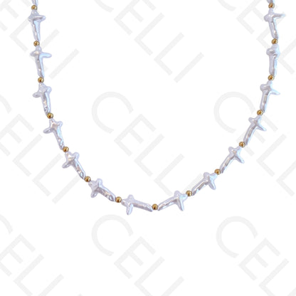 不锈钢项链 - 十字形珍珠