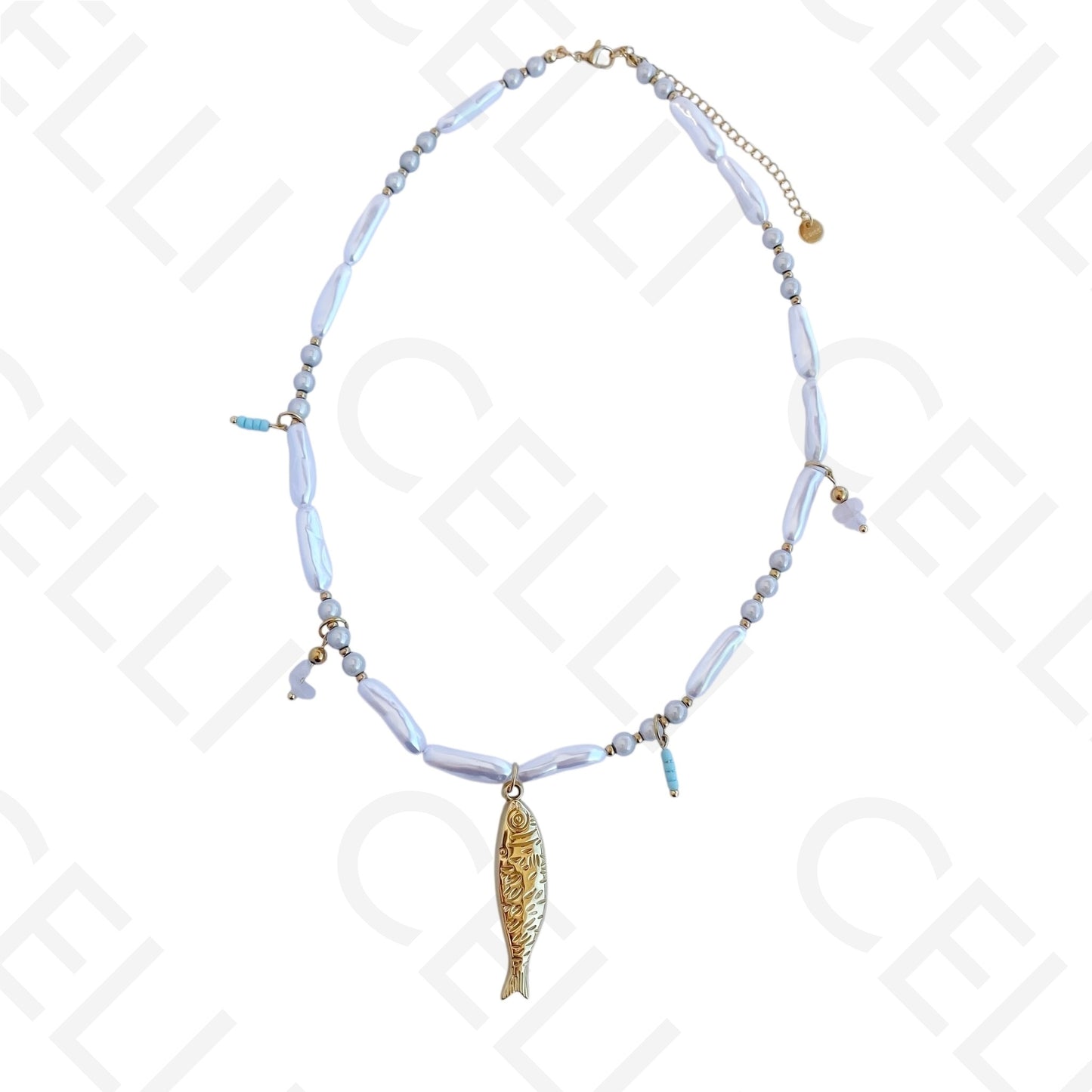 Colar de aço - pérolas e pendente peixe