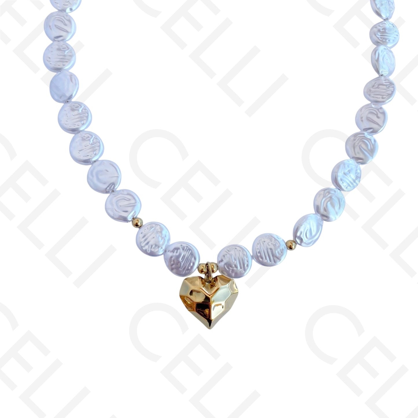 钢制项链 - 圆形珍珠和心形吊坠