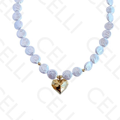 钢制项链 - 圆形珍珠和心形吊坠