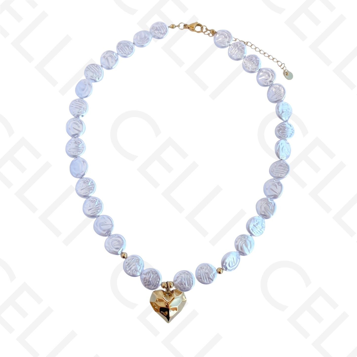 钢制项链 - 圆形珍珠和心形吊坠