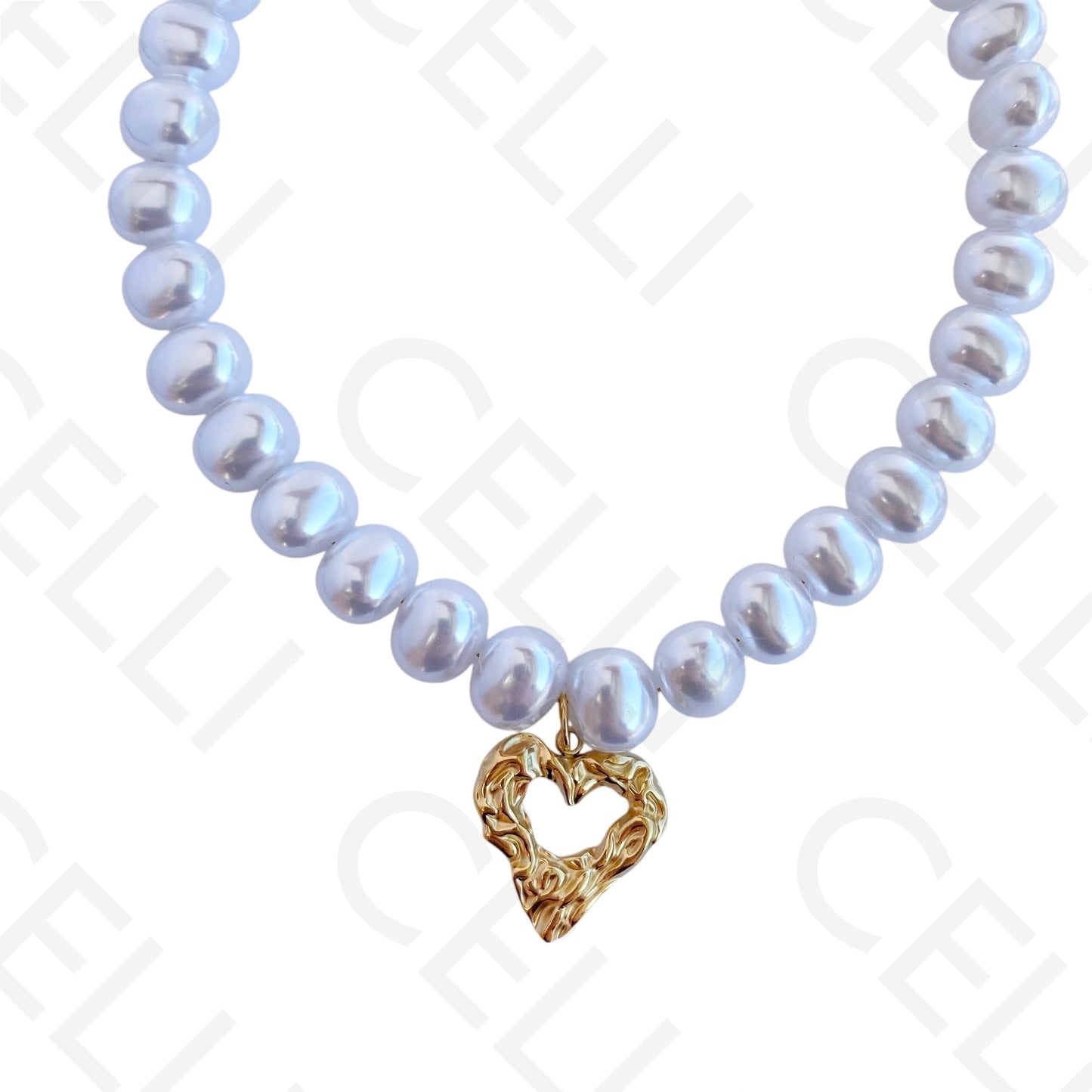 不锈钢项链 - 椭圆珍珠带心形吊坠