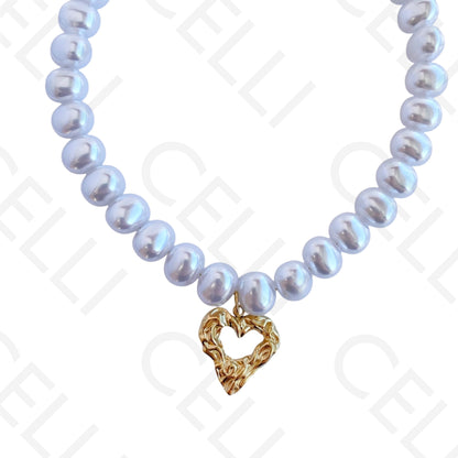 不锈钢项链 - 椭圆珍珠带心形吊坠