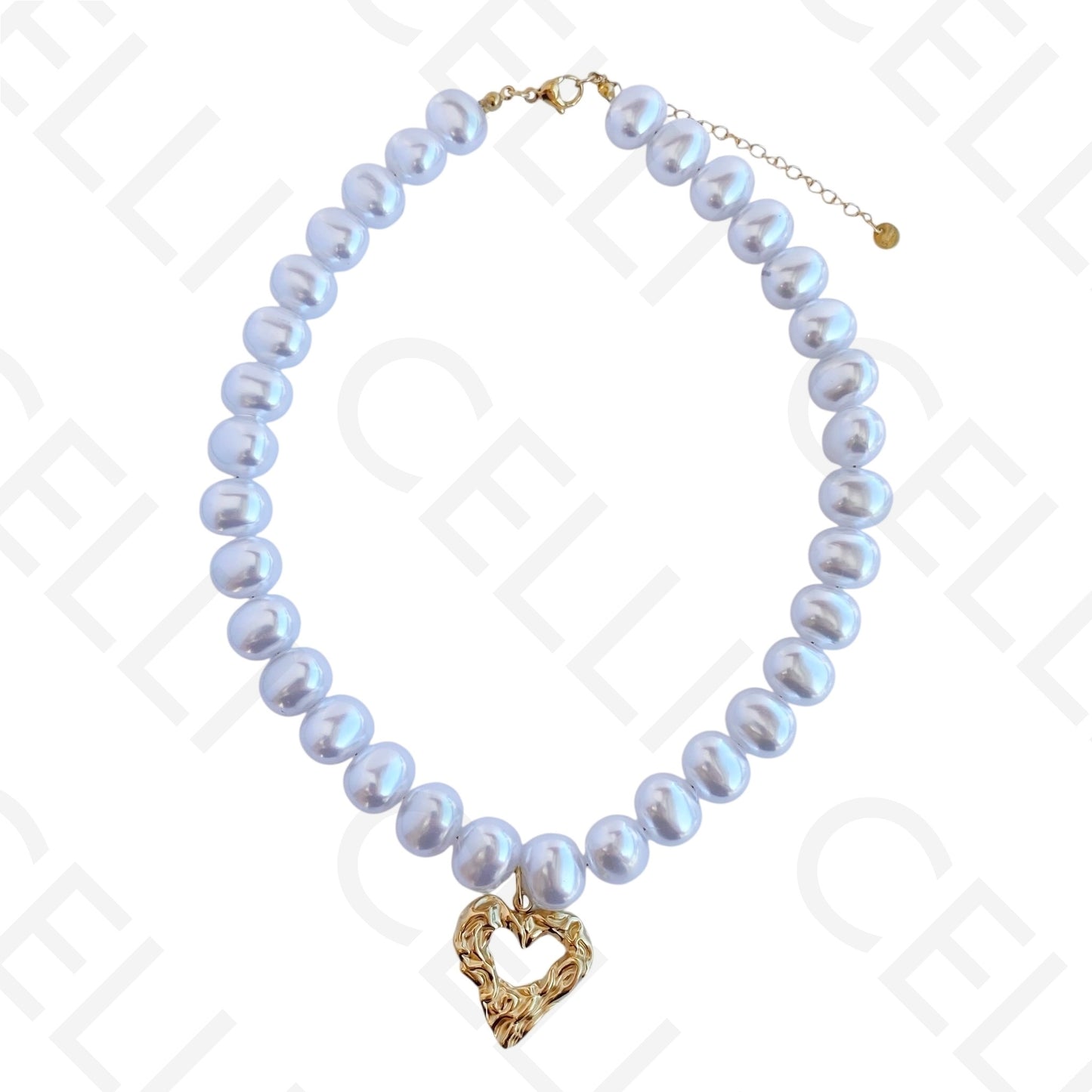 不锈钢项链 - 椭圆珍珠带心形吊坠