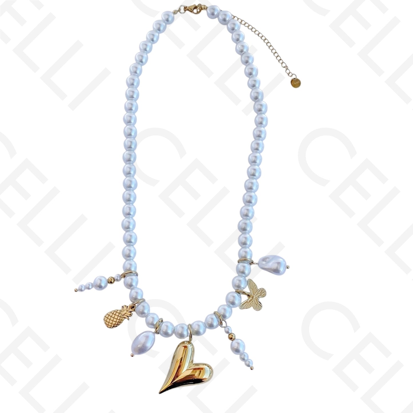 钢项链 - 带吊坠的圆形珍珠