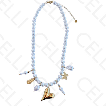 钢项链 - 带吊坠的圆形珍珠