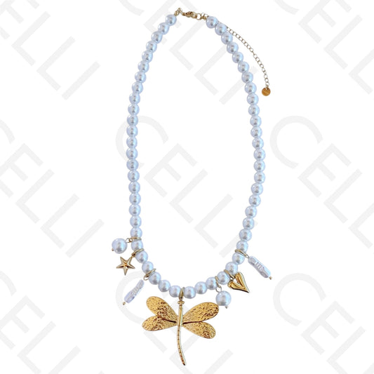 Colar de aço - pérolas redondas com pendentes