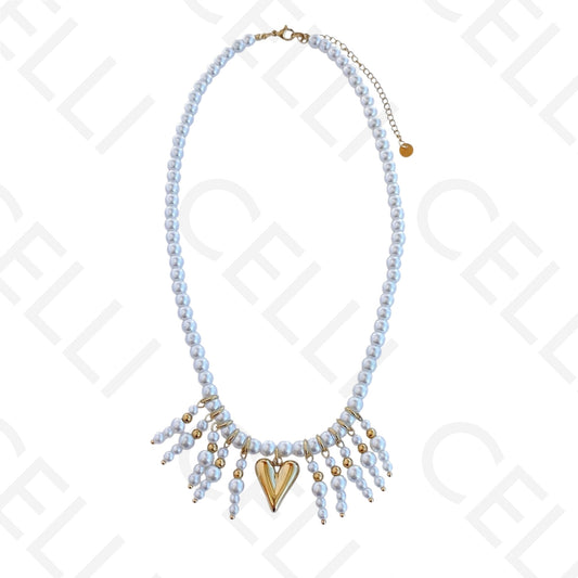 Colar de aço - pérolas redondas com pendentes