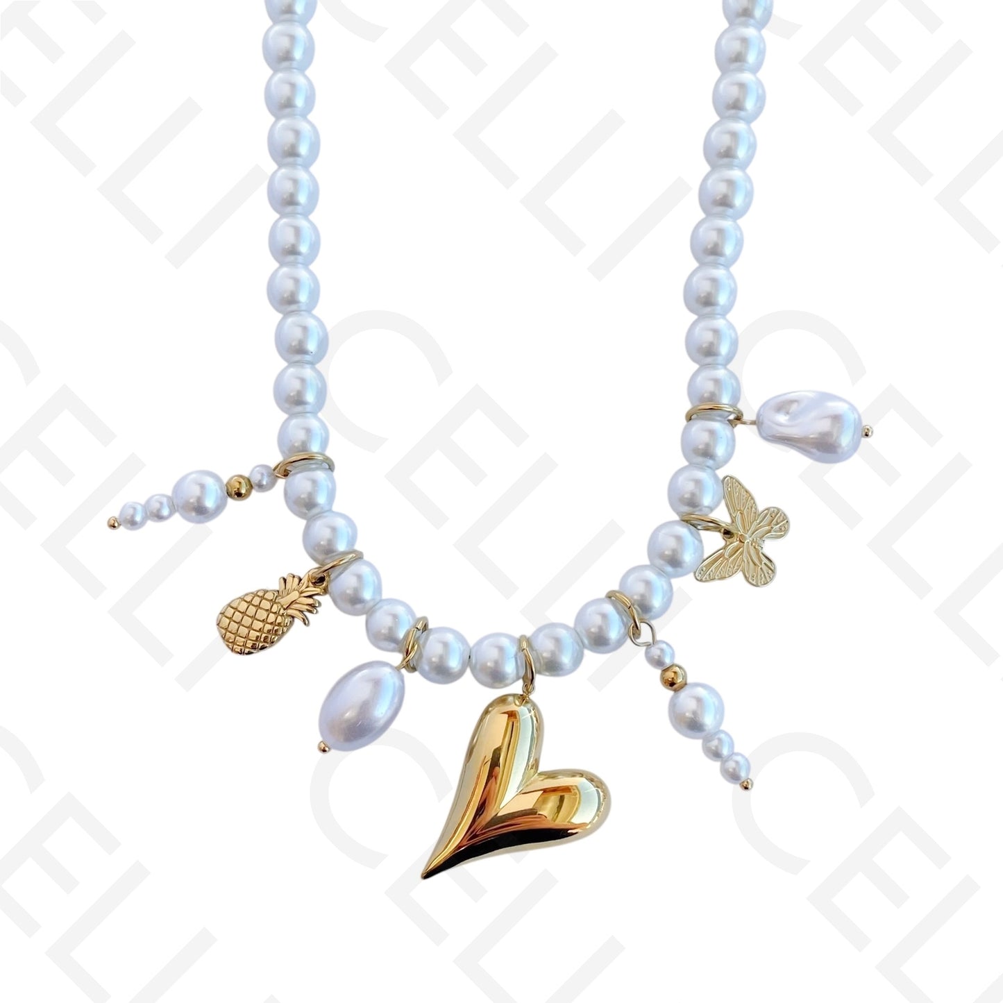 钢项链 - 带吊坠的圆形珍珠